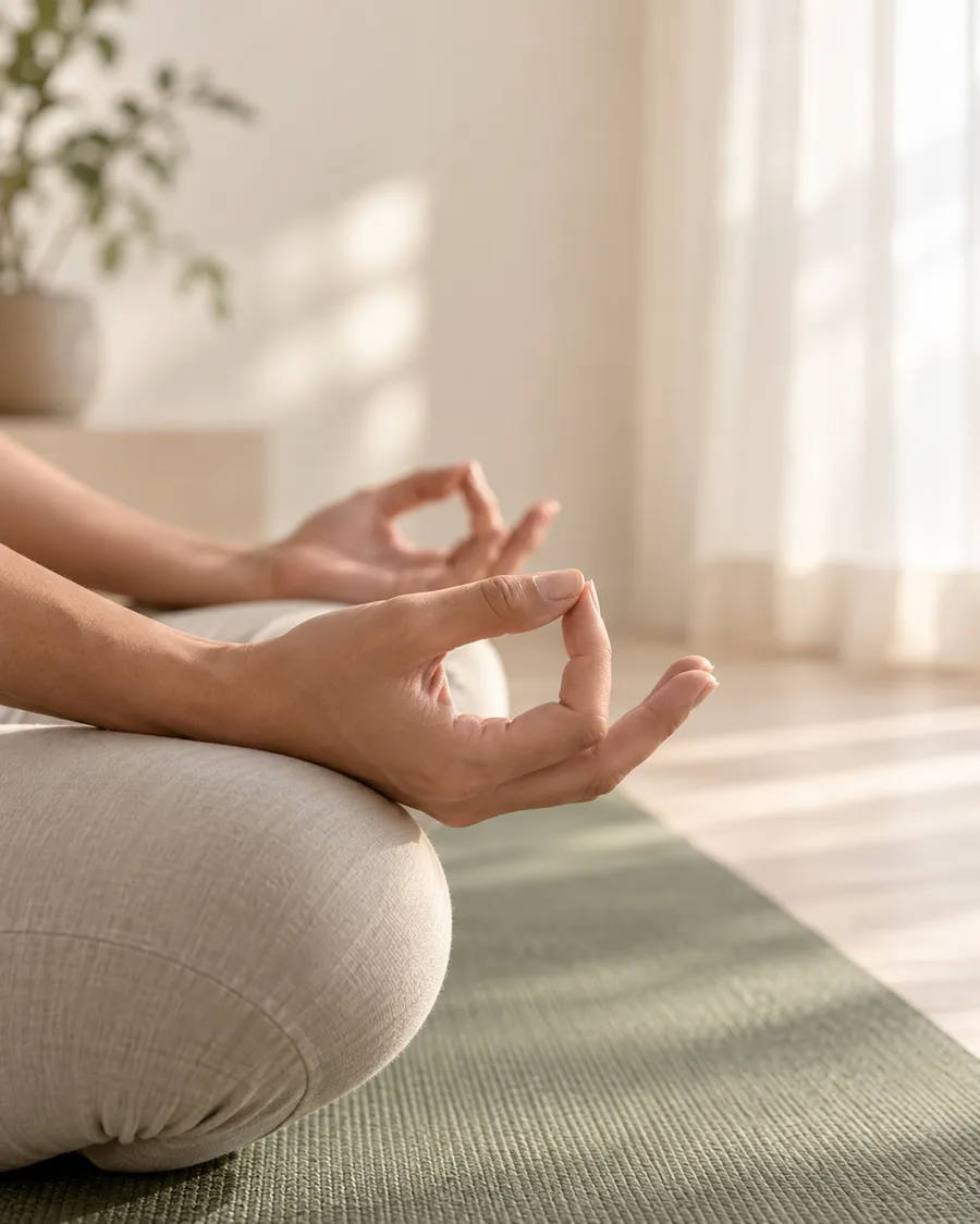 Dua tangan dalam posisi mudra di atas matras sage
